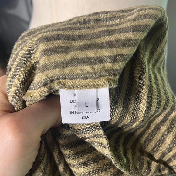 Homefrocks Womens Dress Sz L Olive Brown Stripe Luxe Artisan Linen Made in USA - Picture 10 of 12